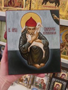Рукописная икона Спиридон Тримифунтский с овечками №8 