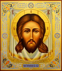 Рукописная икона Спас Нерукотворный с резьбой 44 (Размер 30*35 см)