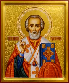 Рукописная икона Николай Чудотворец с жемчугом №141 (Размер 21х25 см)