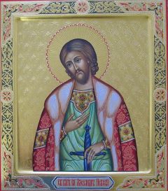 Рукописная икона Александр Невский с резьбой и золочением